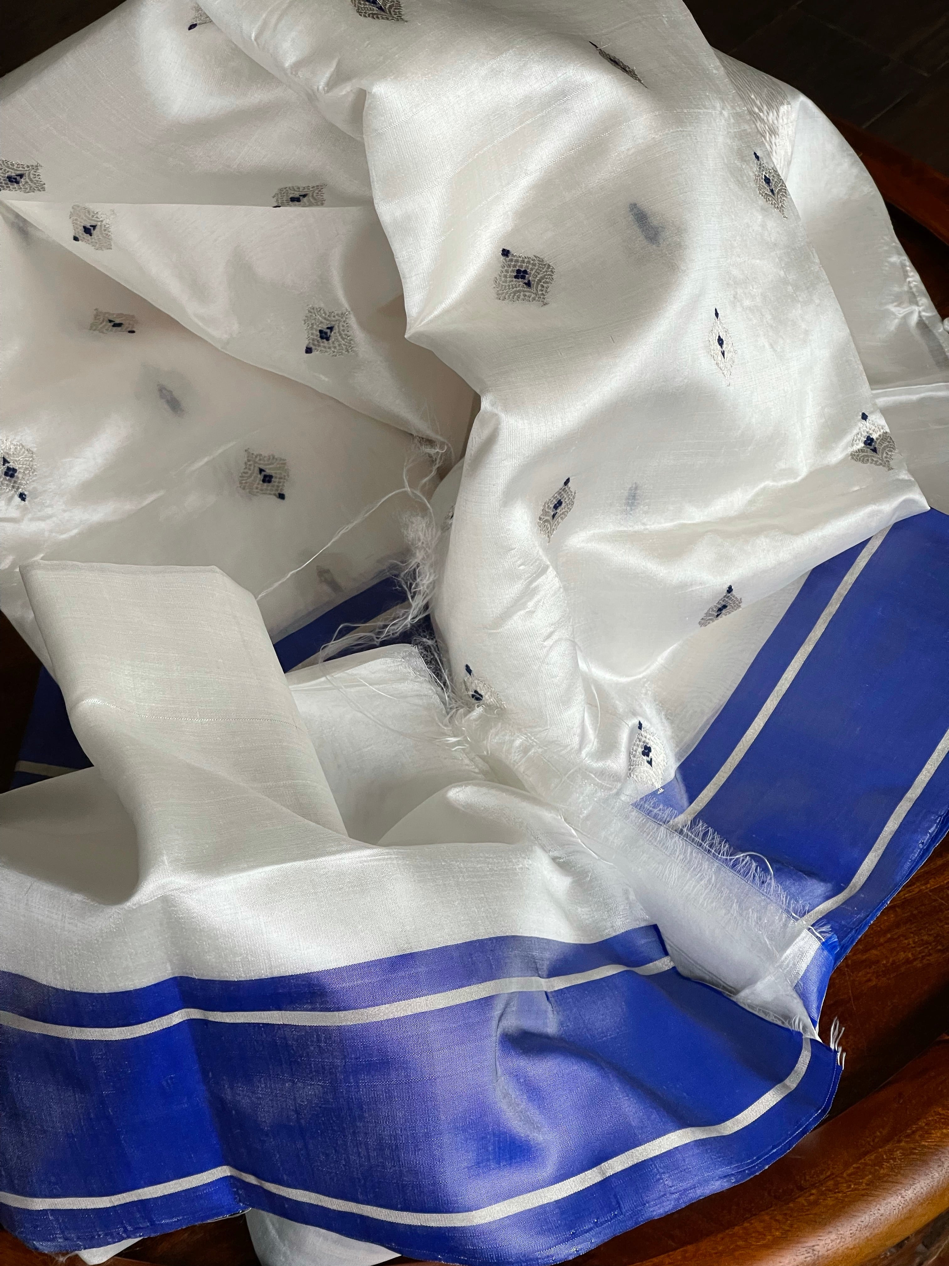 Pure Chanderi Pattu Silk - Off white Blue Eknaliya Woven Meenakari