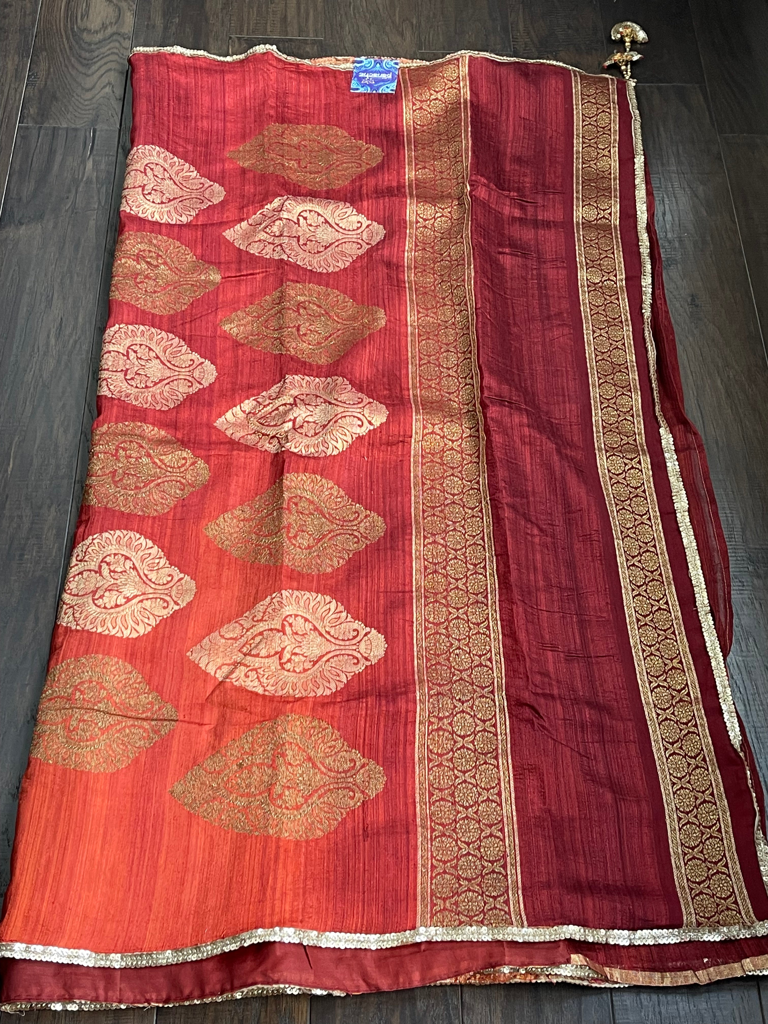 Raw Silk Banarasi - Maroon Rust Shaded