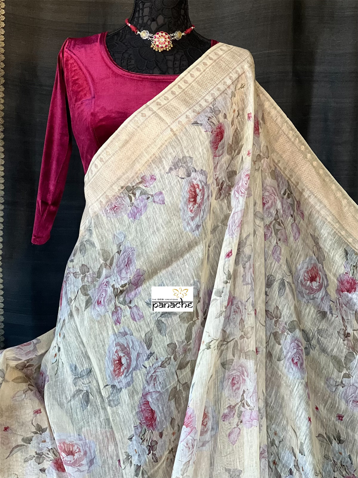 Floral Linen Silk Banarasi - Light Wheat Digital Printed