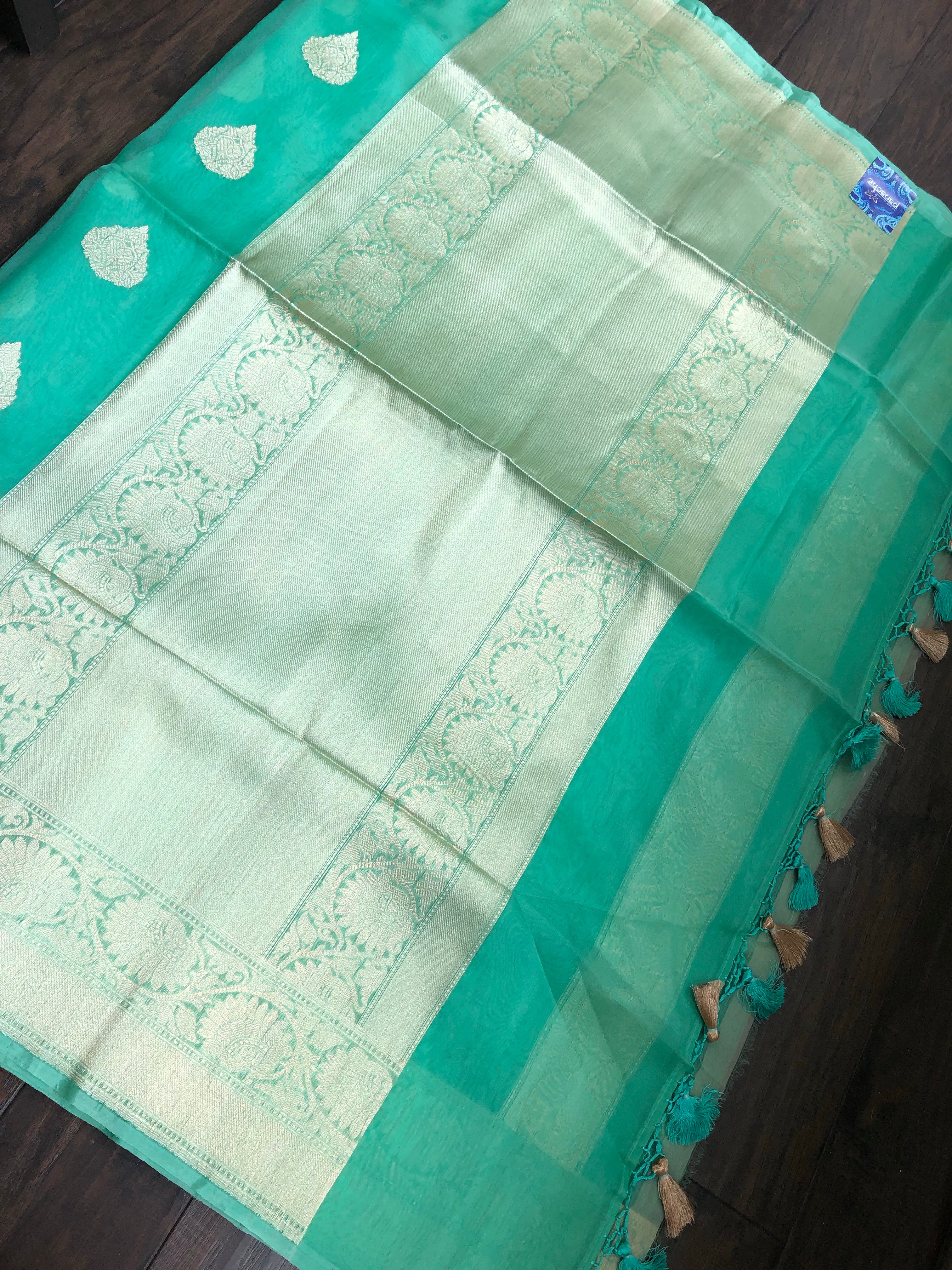 Organza Silk Banarsi - Sea Green Golden Zari