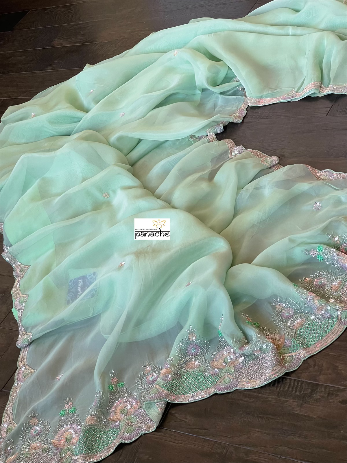 Designer Satin Organza - Mint Hand Embroidered