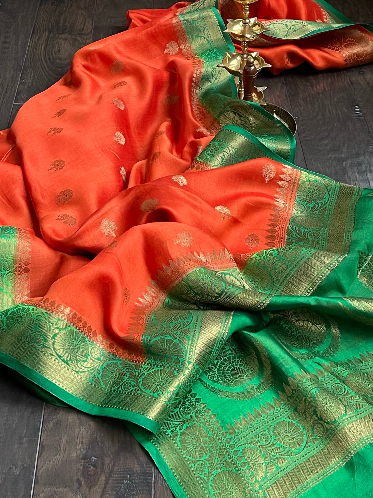 Chiniya Silk Banarasi - Reddish Orange Green