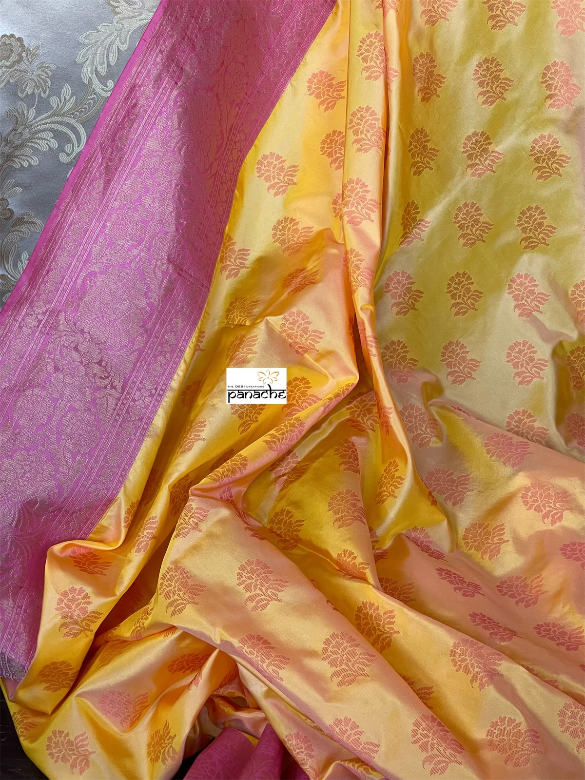 Silk Banarasi - Yellow Pink Resham Woven