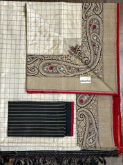 Pure Katan Silk Banarasi - Offwhite Black Checkered Kadwa Woven