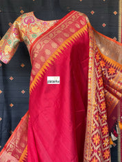 Tussar Silk Banarasi - Red Yellow Paithani Border
