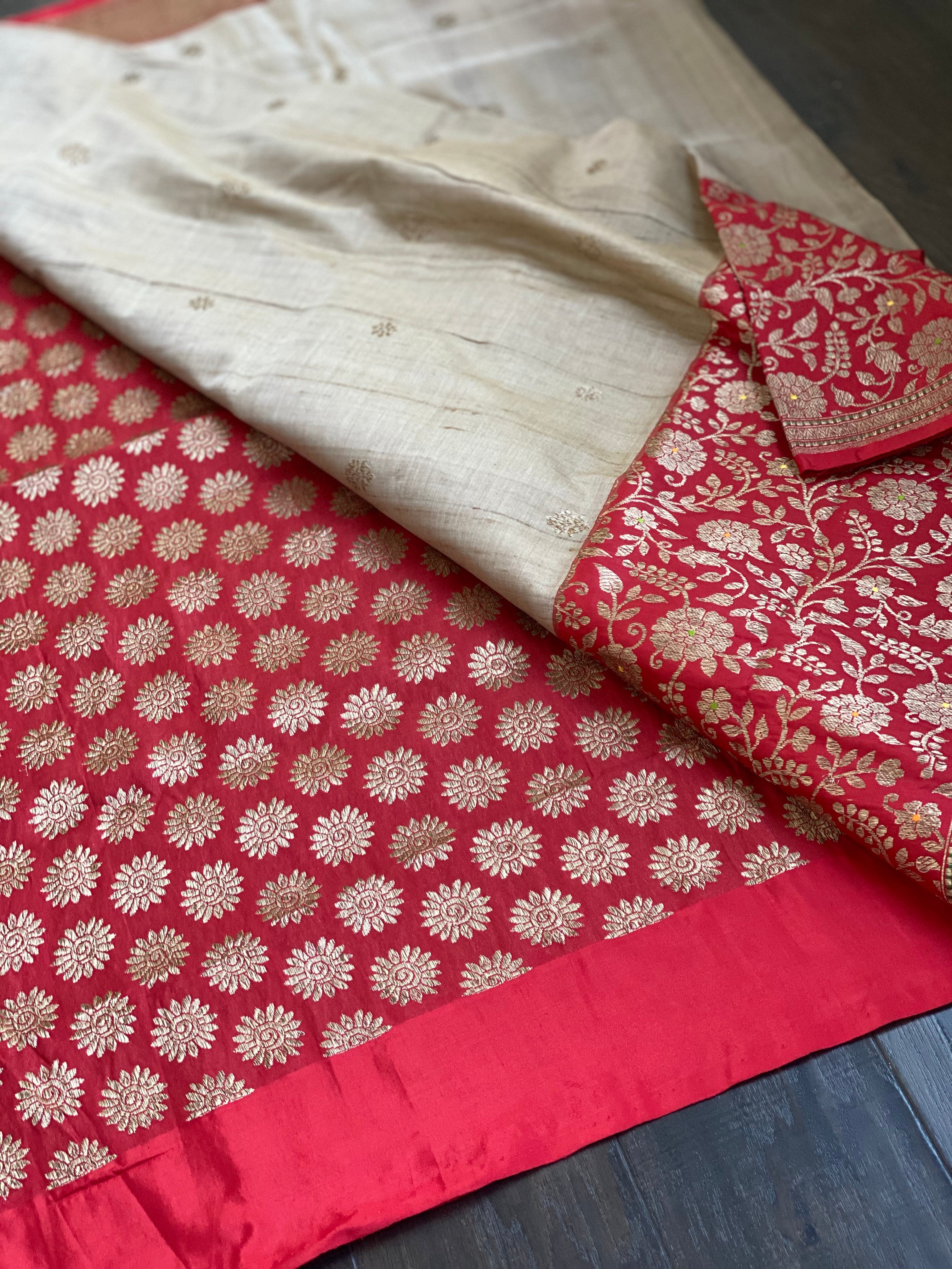 Pure Tassur Silk Banarasi - Beige Tan Red Meenakari