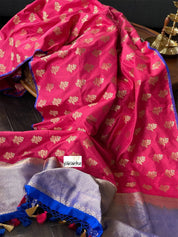 Pure Katan Silk Checkered Banarasi - Pink Royal Blue woven
