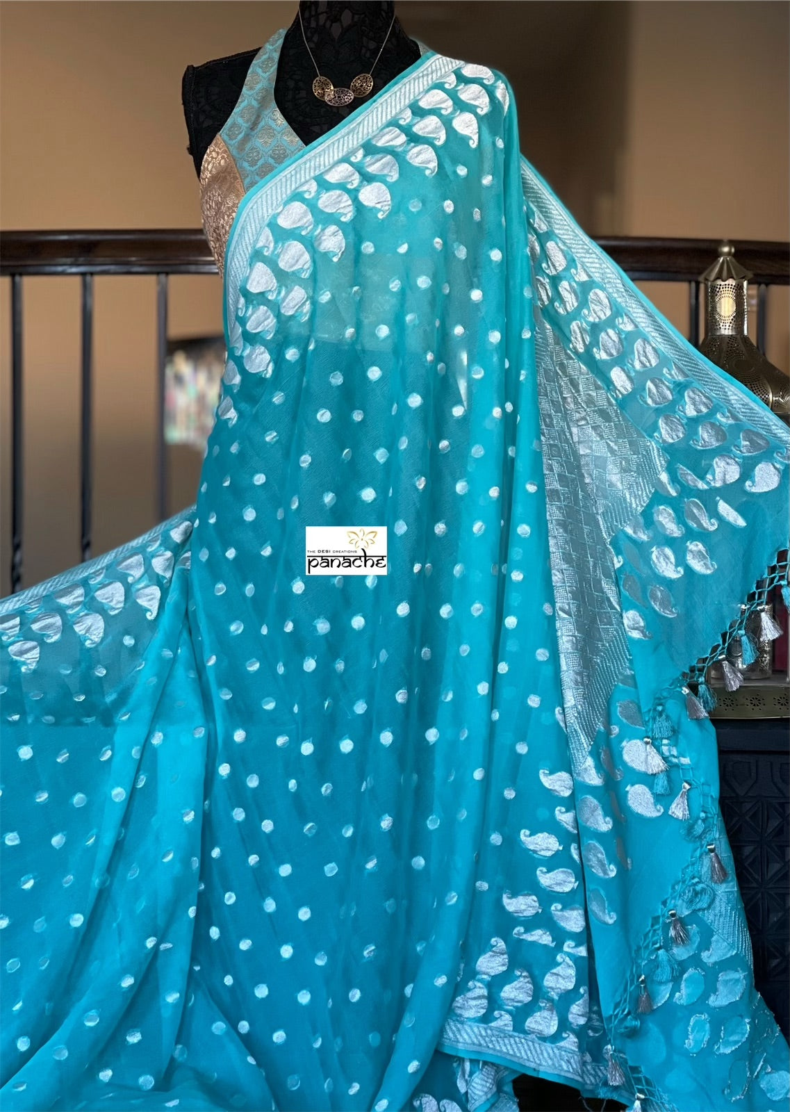 Khaddi Georgette Banarasi - Firozi Blue Silver Zari