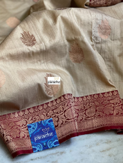 Pure Tussar Silk Banarasi - Beige Maroon