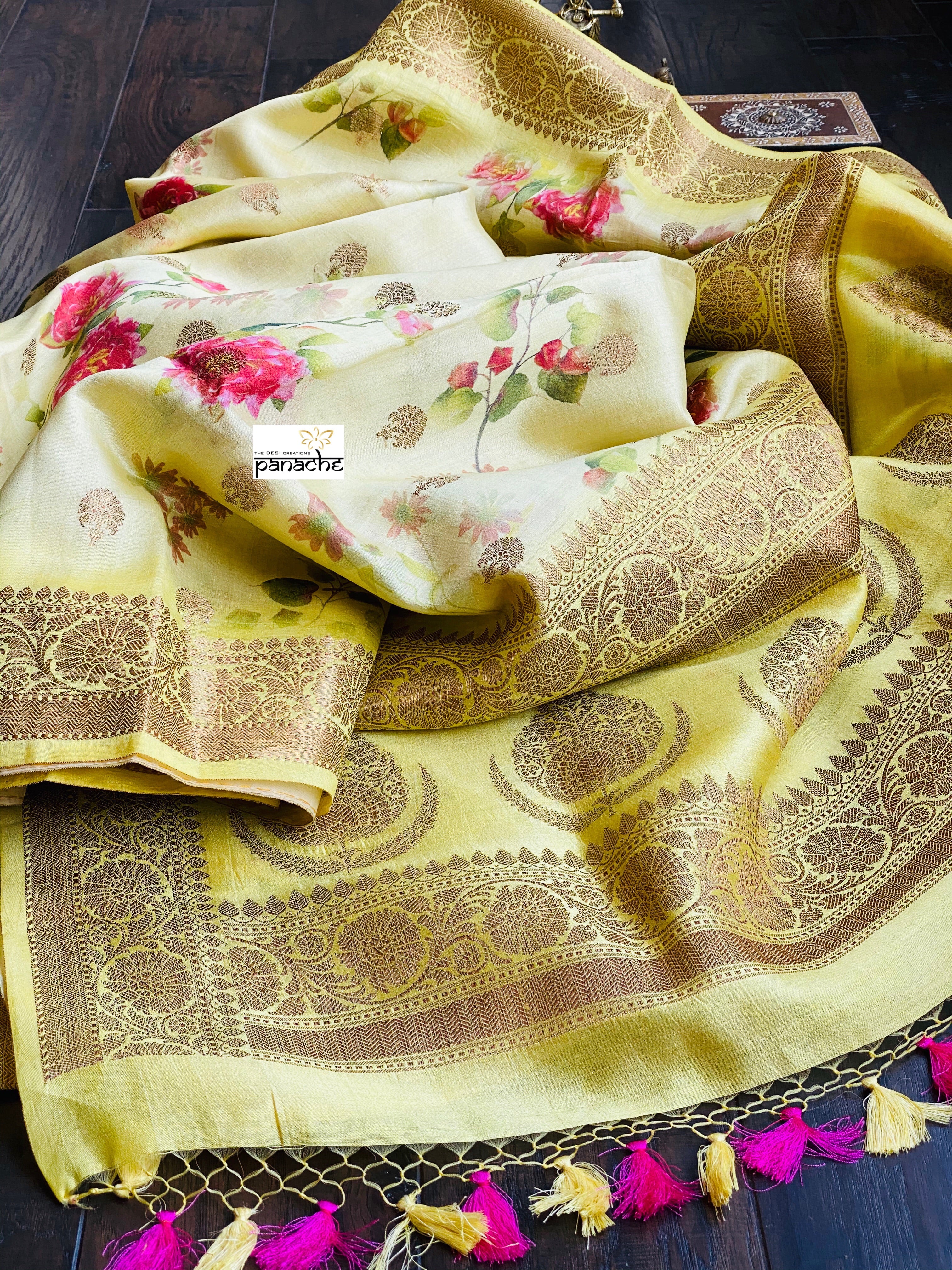 Chiniya Silk Banarasi Floral - Lemon Yellow Golden Zari