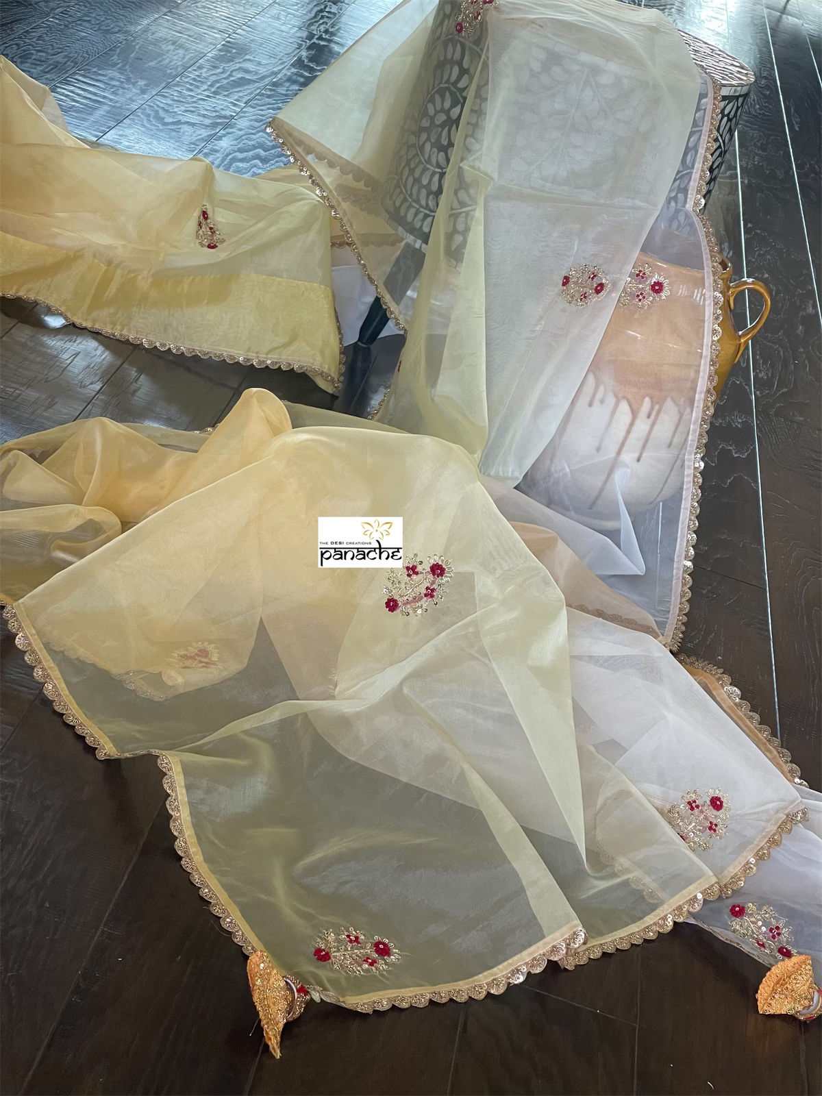 Designer Organza - Lemon Yellow mukaish Embroidered