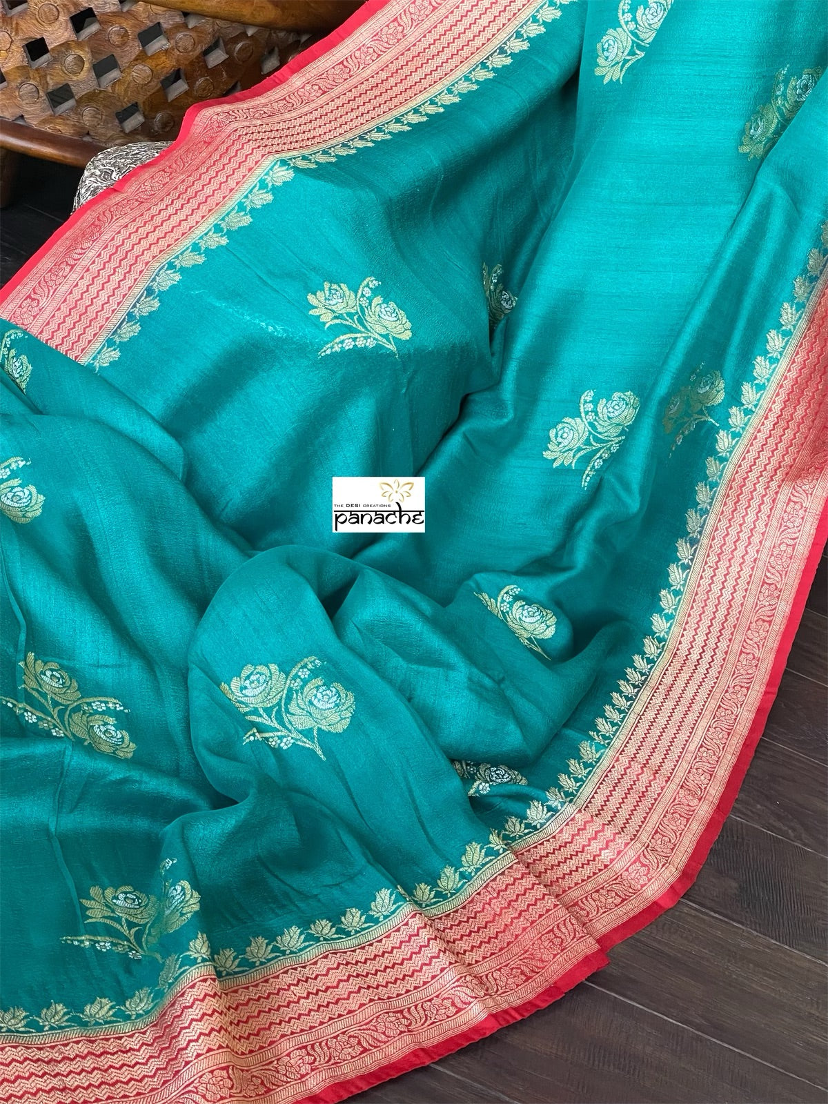 Tussar Georgette Banarasi - Rama Green Red Kadwa