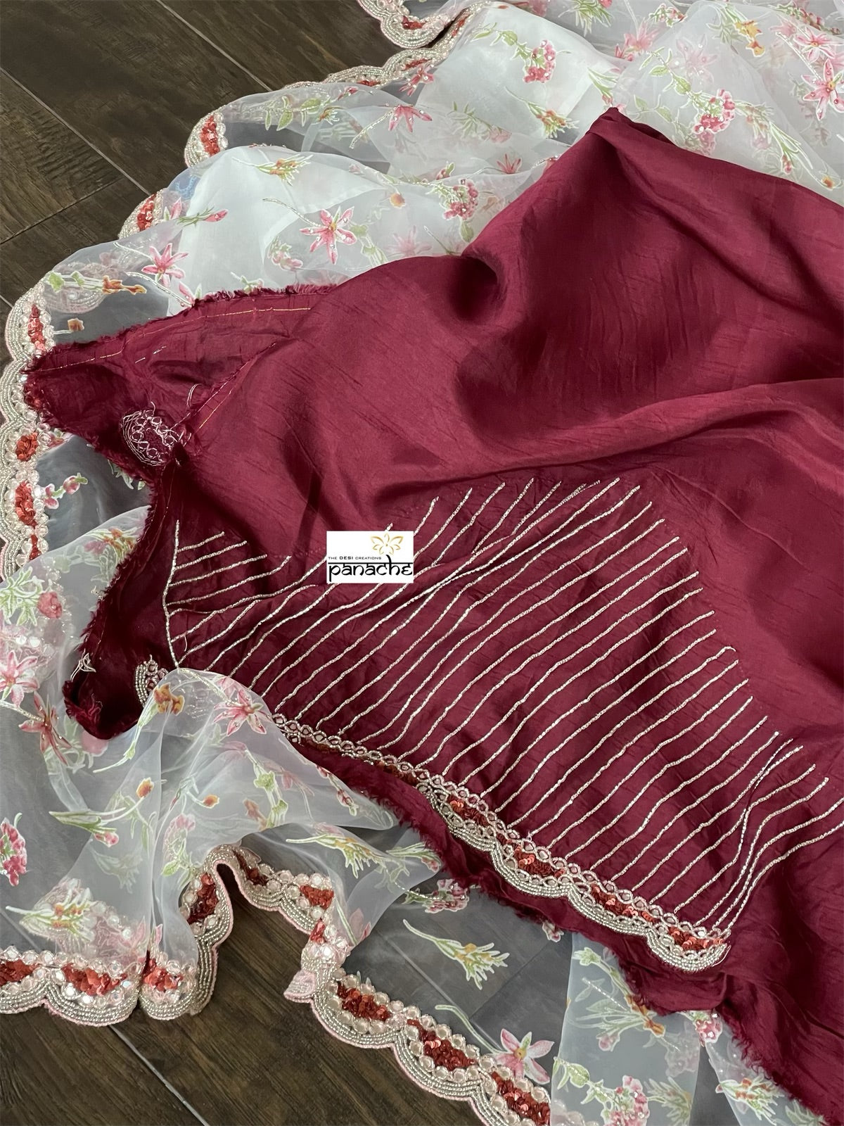 Designer Organza - Off-white Maroon Hand embroidered