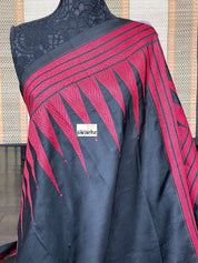 Pure Bangalore Silk Kantha Stitch -  Black Red Temple