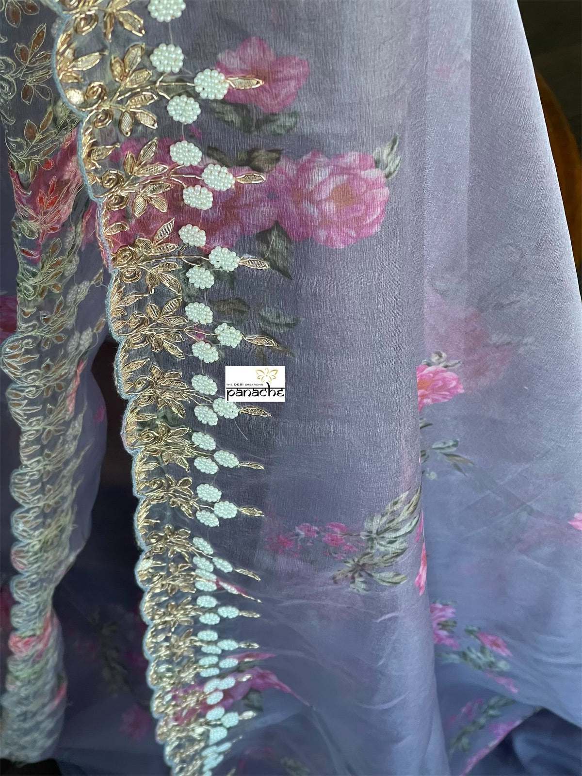 Designer Organza Floral - Bluish Grey Handwork Border