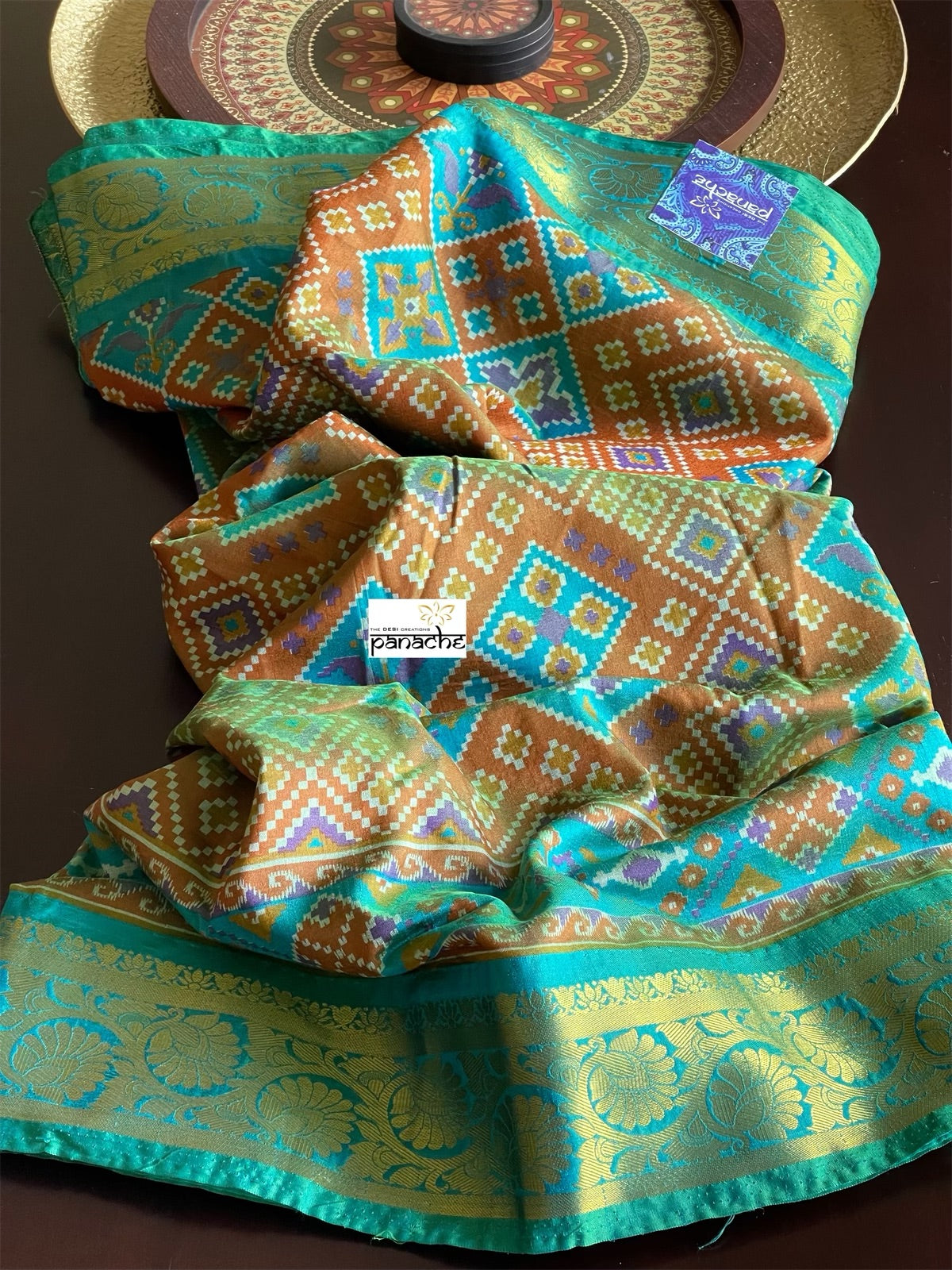 Designer Soft Silk Printed - Rusty Brown Sea Green Patola