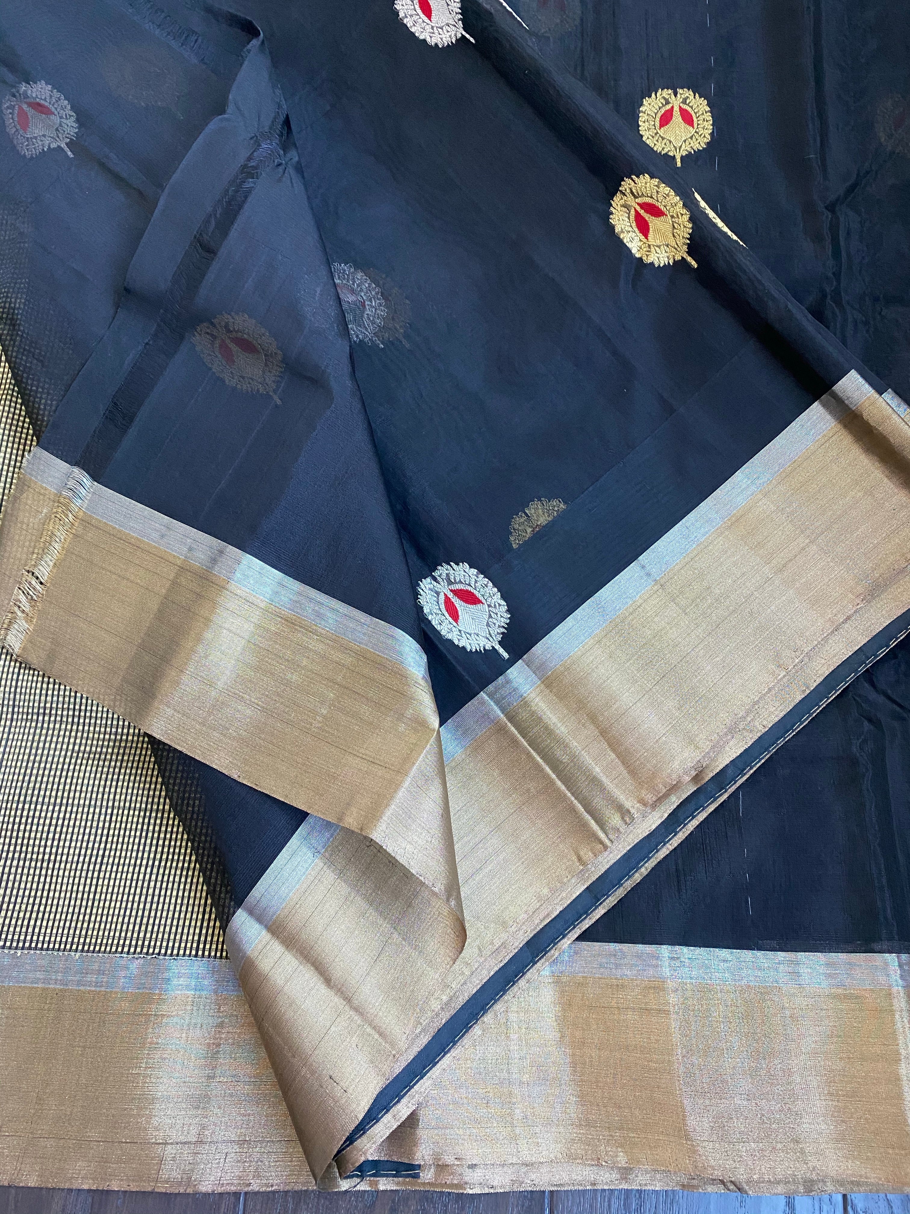 Pure Chanderi Katan Silk - Black Meenakari