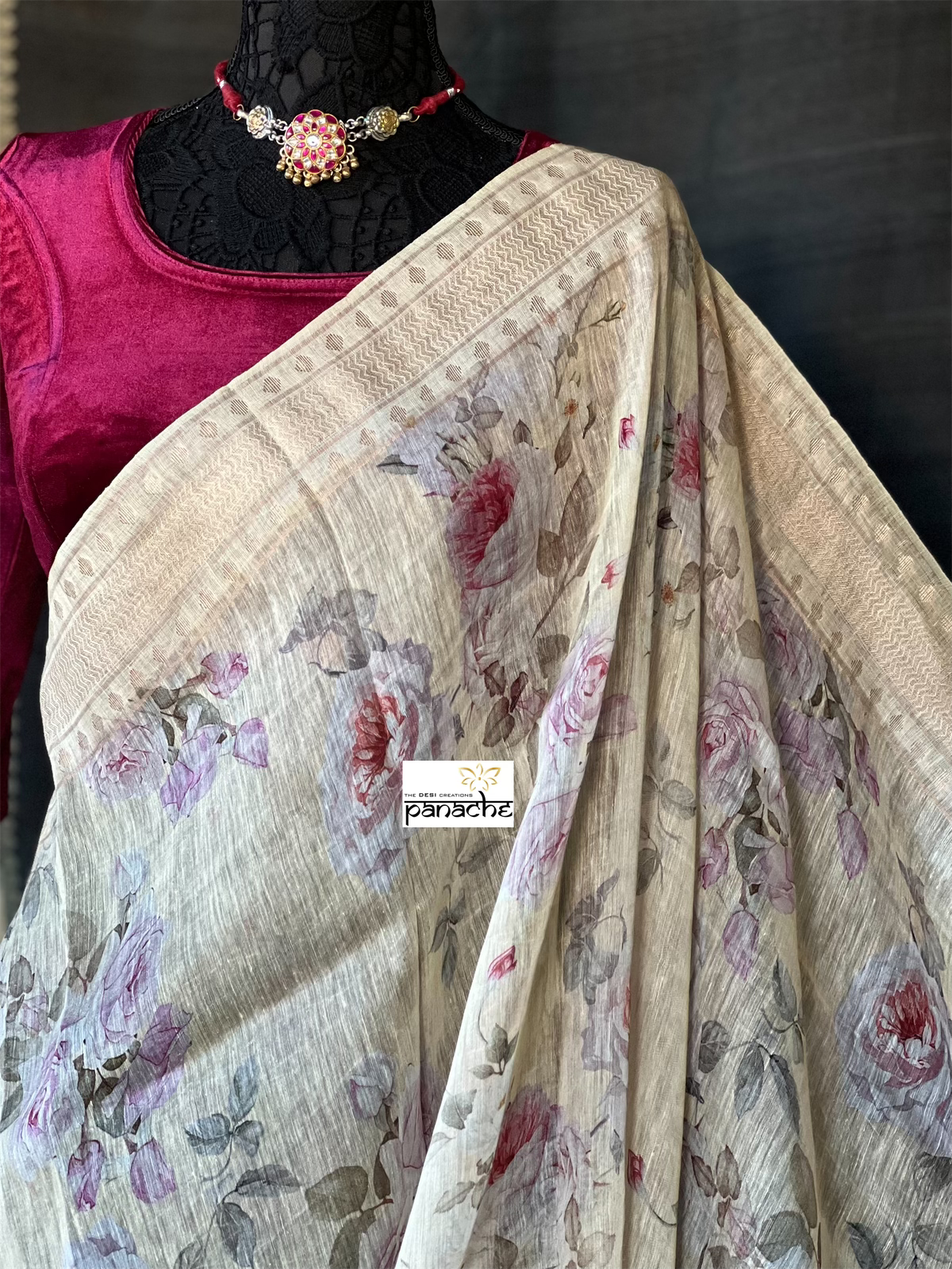 Floral Linen Silk Banarasi - Light Wheat Digital Printed