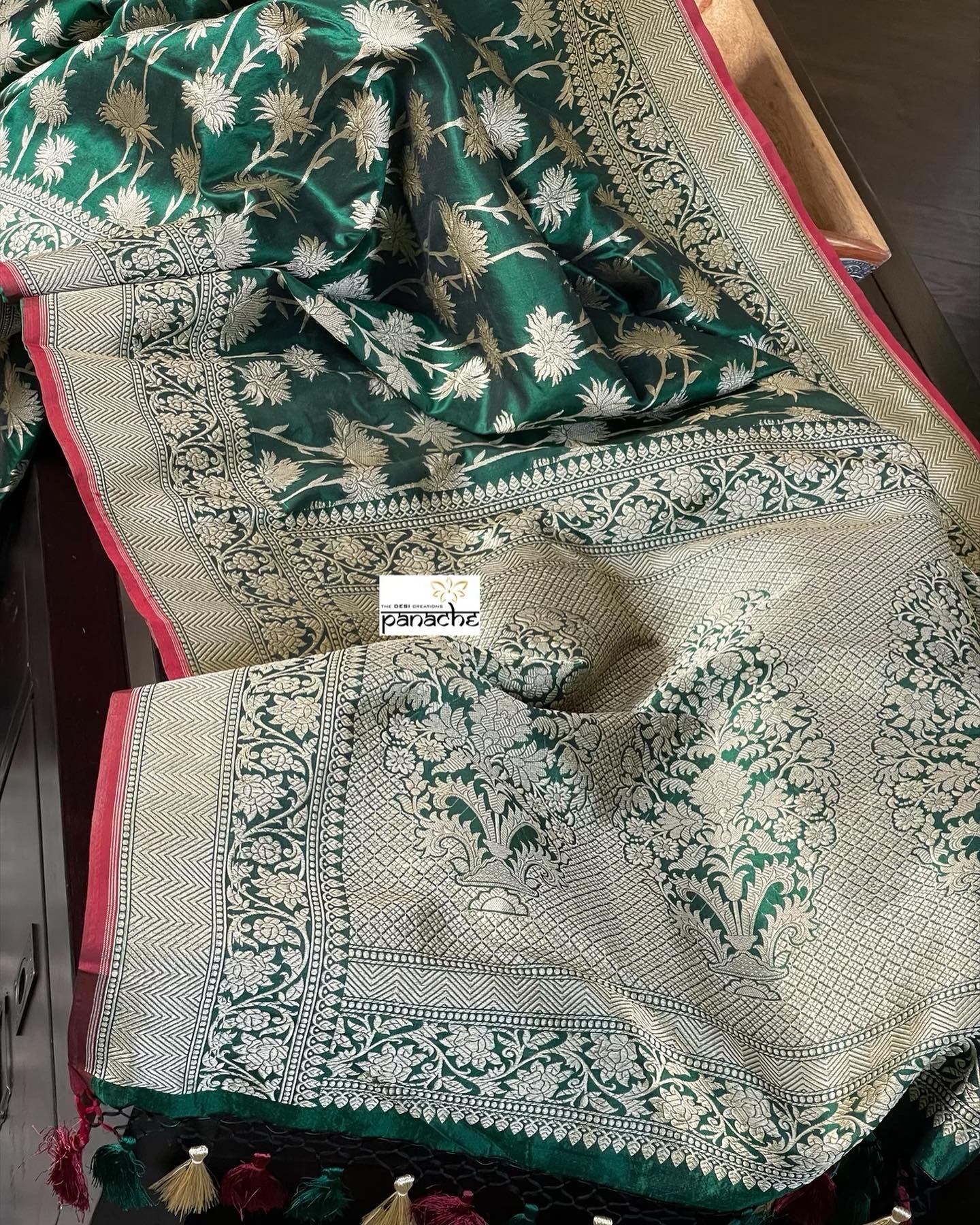 Pure Silk Banarasi - Green Red Antique Golden Zari