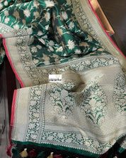 Pure Silk Banarasi - Green Red Antique Golden Zari