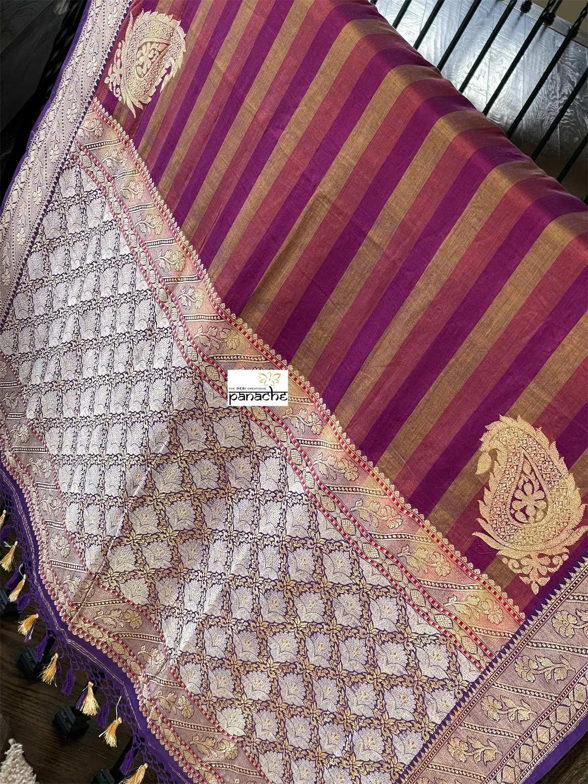 Pure Malmal Cotton Banarasi - Purple Striped Kadwa Zari Woven