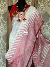 Pure Linen Handloom - White Red Temple