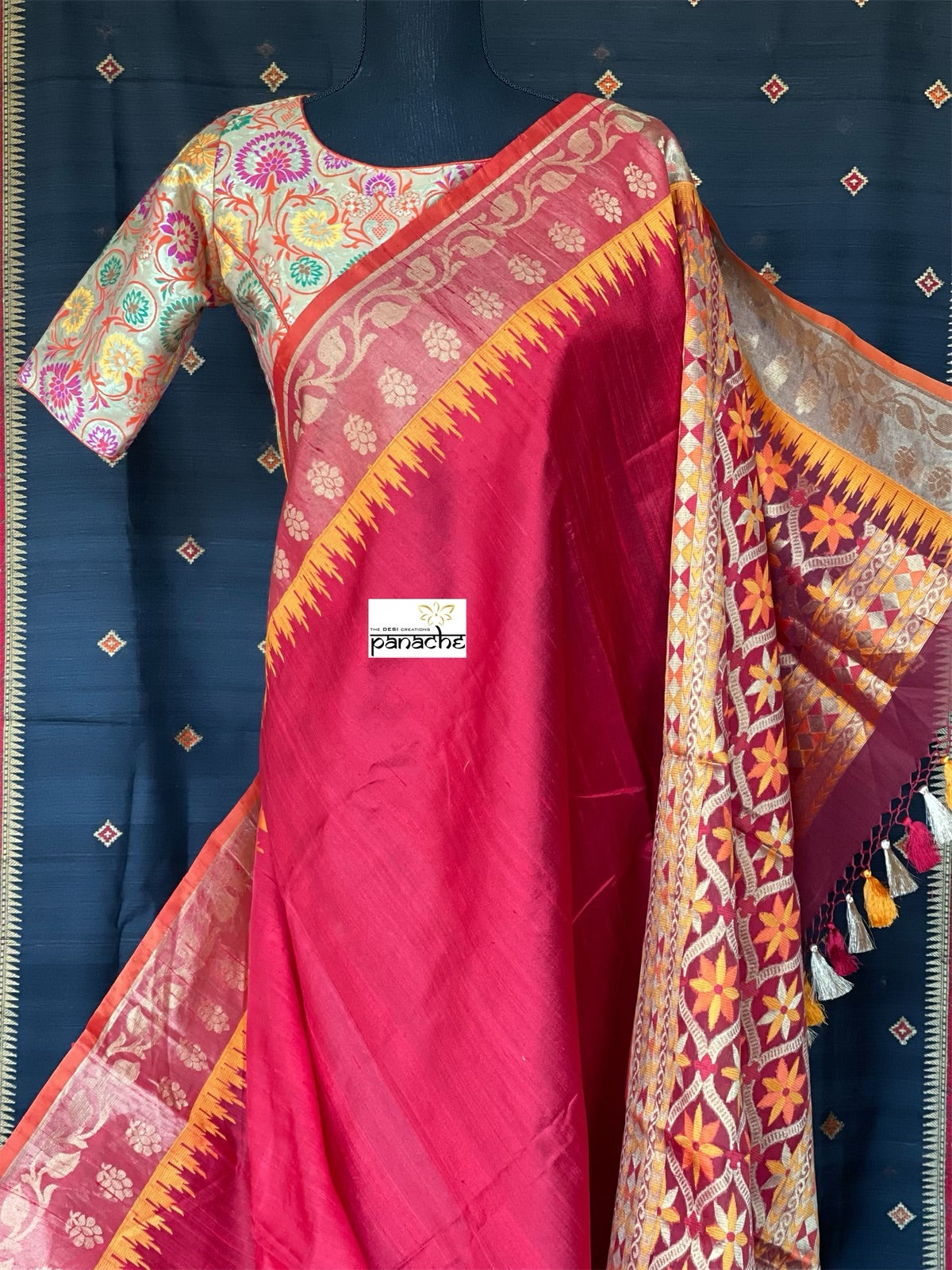 Tussar Silk Banarasi - Red Yellow Paithani Border
