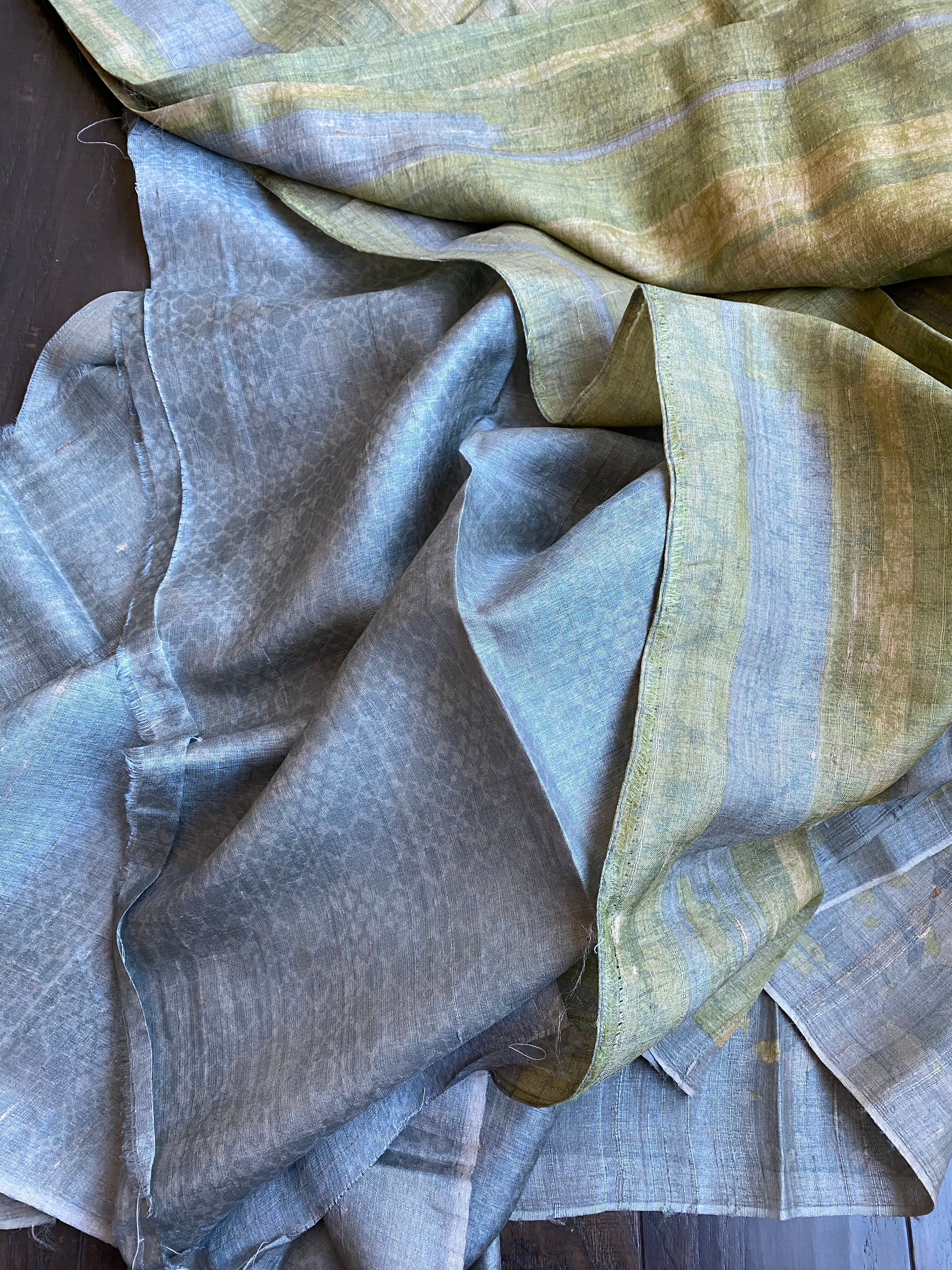 Pure Tussar Silk - Grey Pista Green Printed
