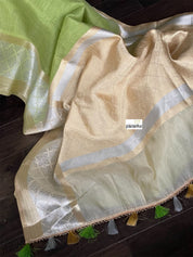 Linen Silk Banarsi - Pista Green Silver Golden Zari