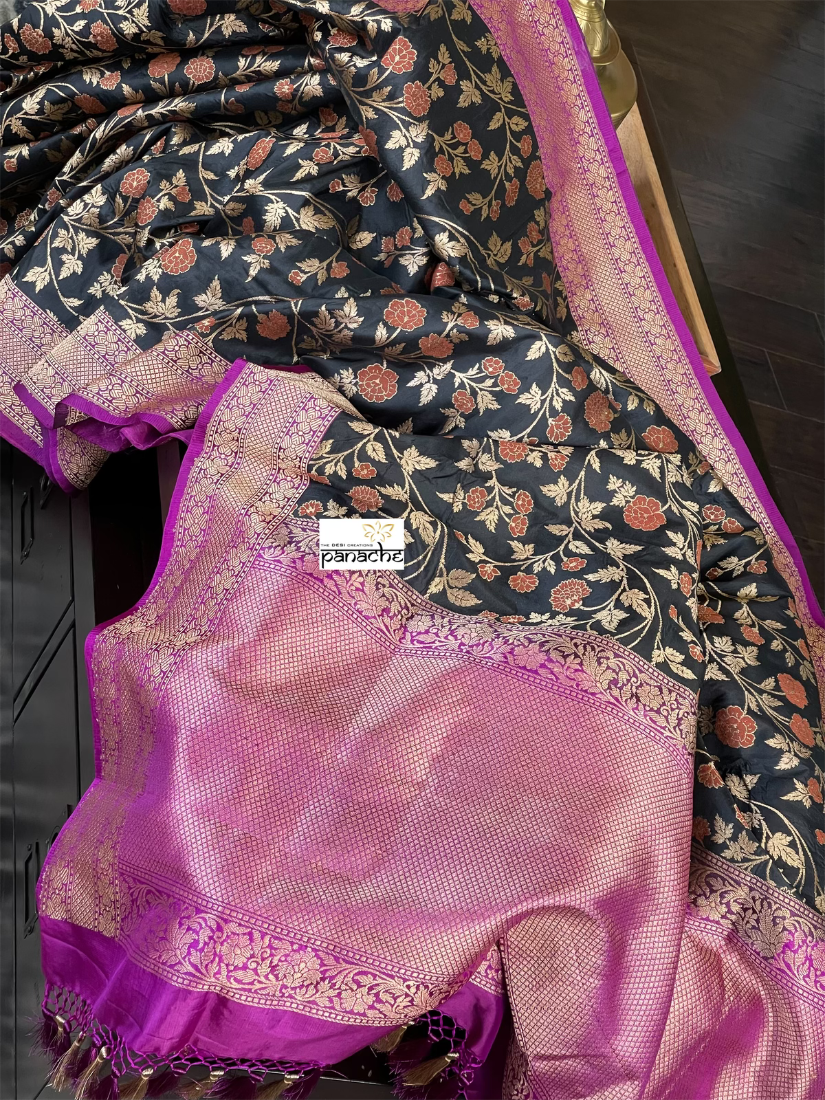 Pure Silk Jangla Banarasi - Black Magenta Purple Antique Golden Zari