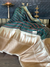 Pure Tassur Silk Banarasi - Dark Black Avocado Green Striped