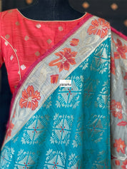 Tussar Georgette Banarasi- Teal Blue Orange Paithani border