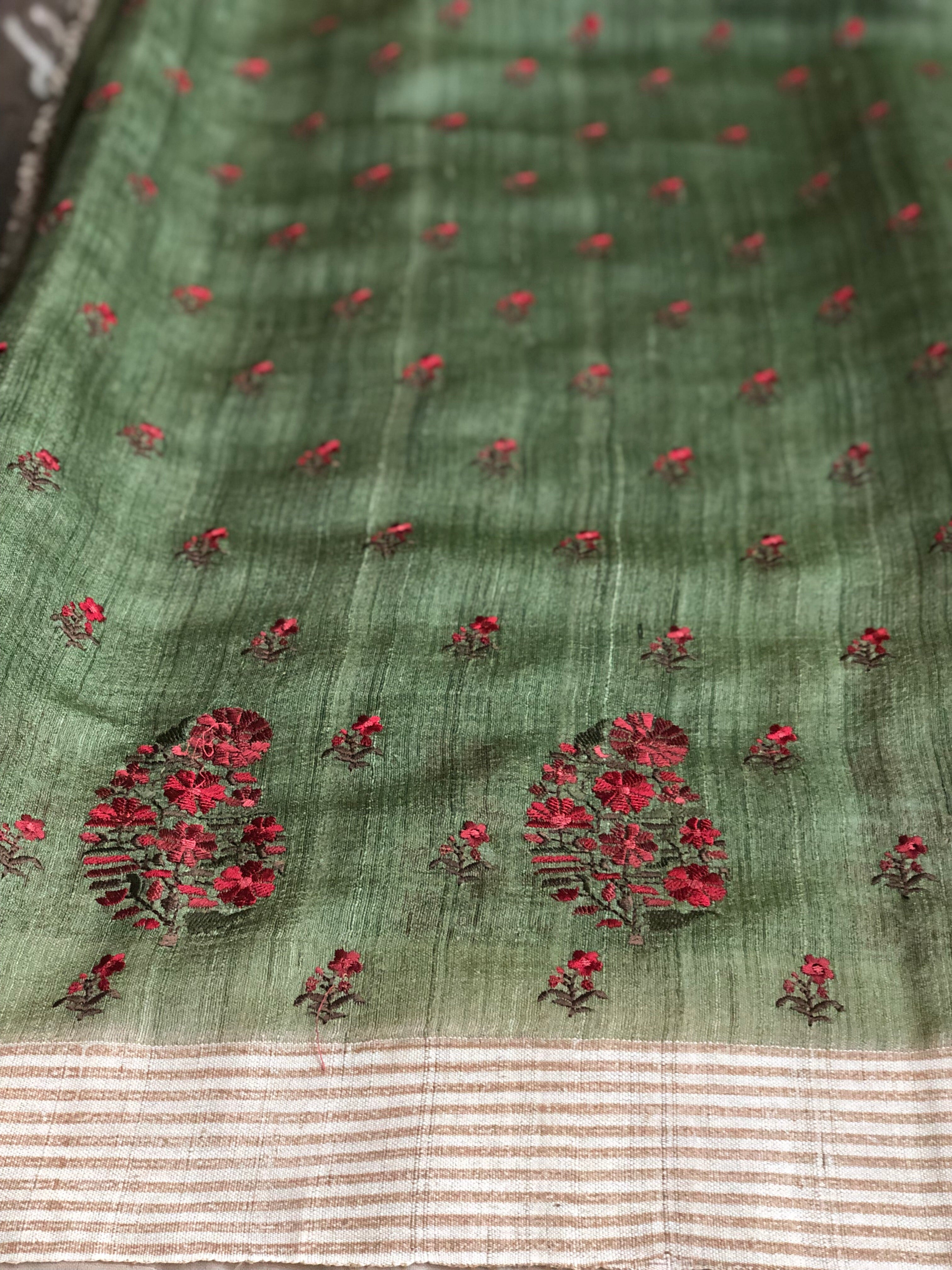 Tussar Silk - Moss Green Embroidered