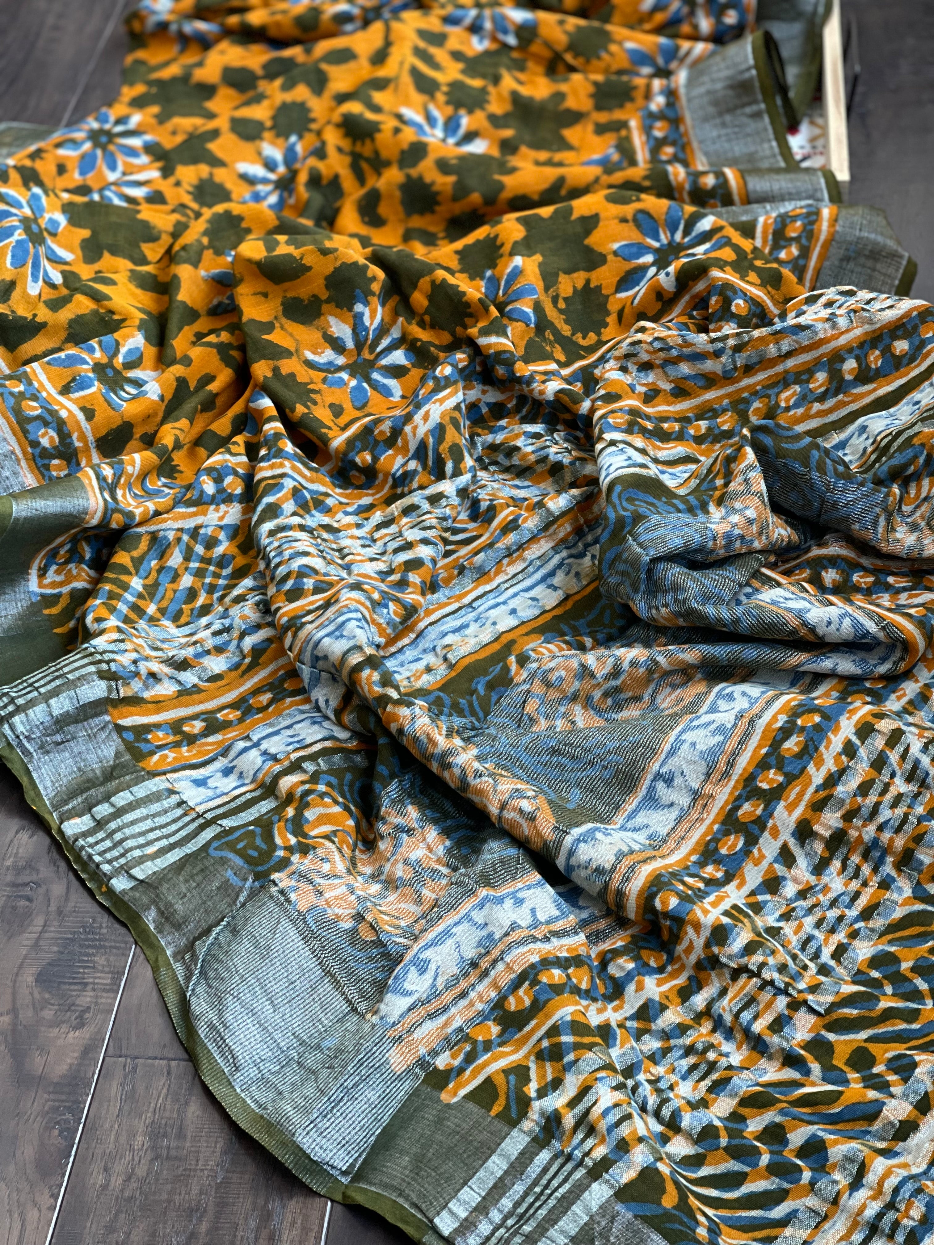 Linen Printed - Orange Green Blue