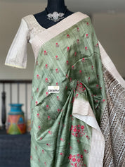 Tussar Silk - Moss Green Embroidered