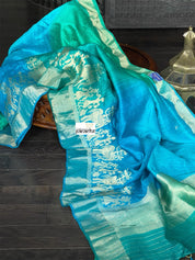 Raw Silk Banarasi - Firozi Blue Sea Green Shaded