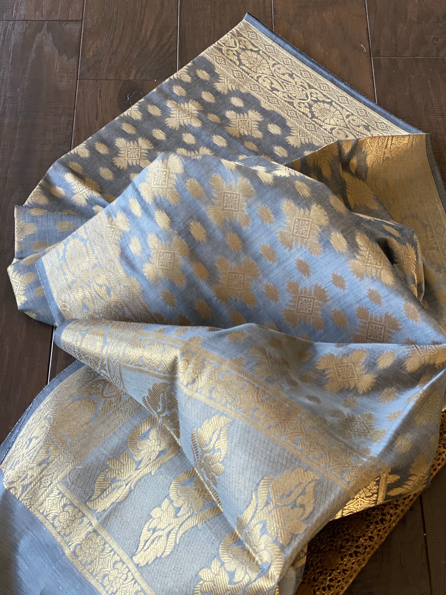 Silk Cotton Dupatta - Grey Golden Zari