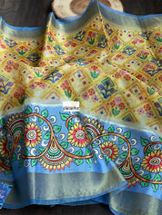 Tissue Kota Silk Printed - Yellow Blue