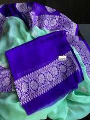 Chiffon Georgette Silk Banarasi - Mint Green Purple Silver Zari