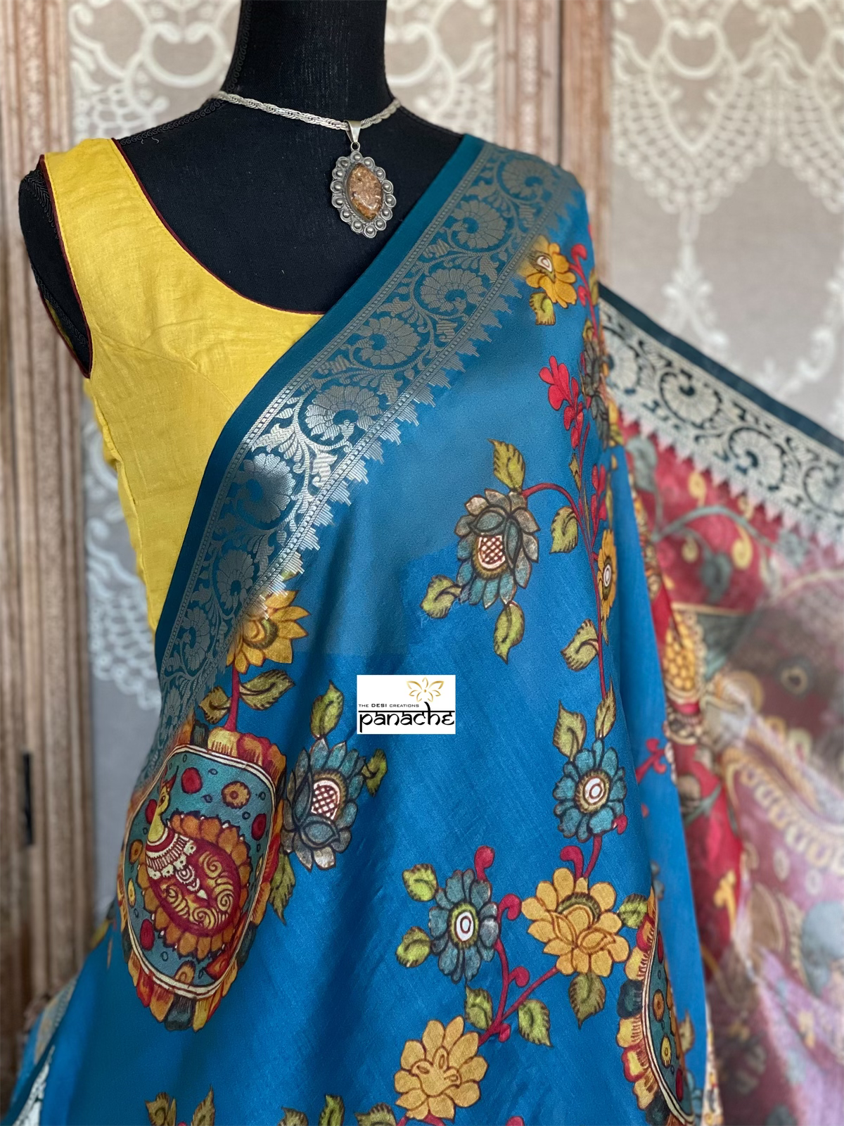 Chiniya Silk Banarasi - Blue Kalamkari Printed
