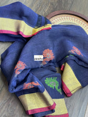 Handloom Banarasi Linen -  Navy Blue Zari woven