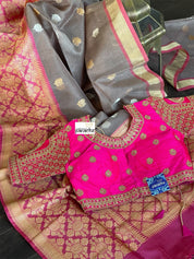 Pure Kora by Katan Silk Kadwa Banarasi - Light Grey Mauve Antique Zari