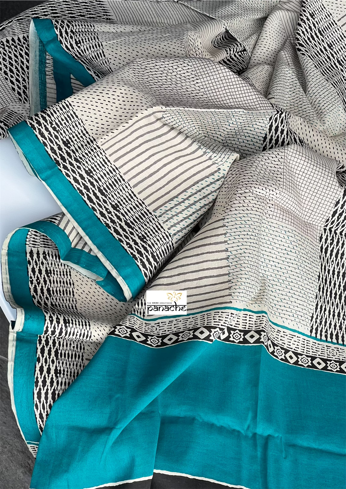Pure Cotton Silk Printed - Beige Black Firozi Printed