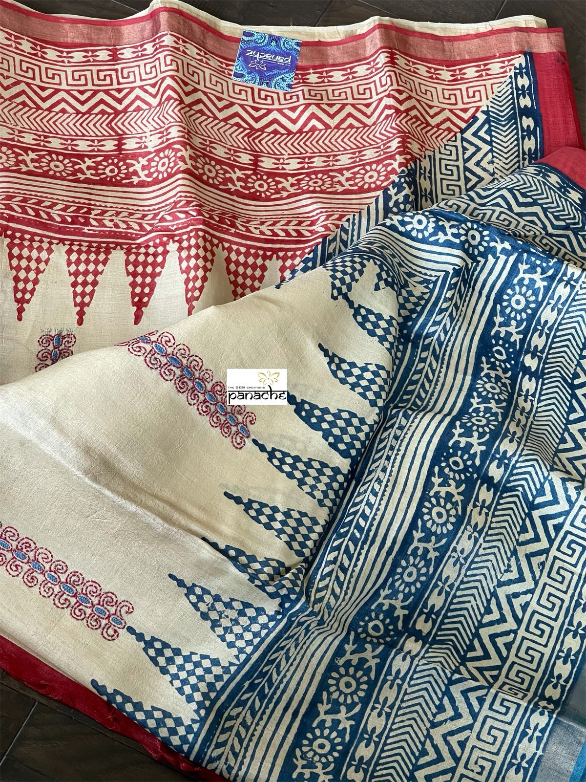 Printed Tussar Silk Kantha Stitch - Beige Blue Red