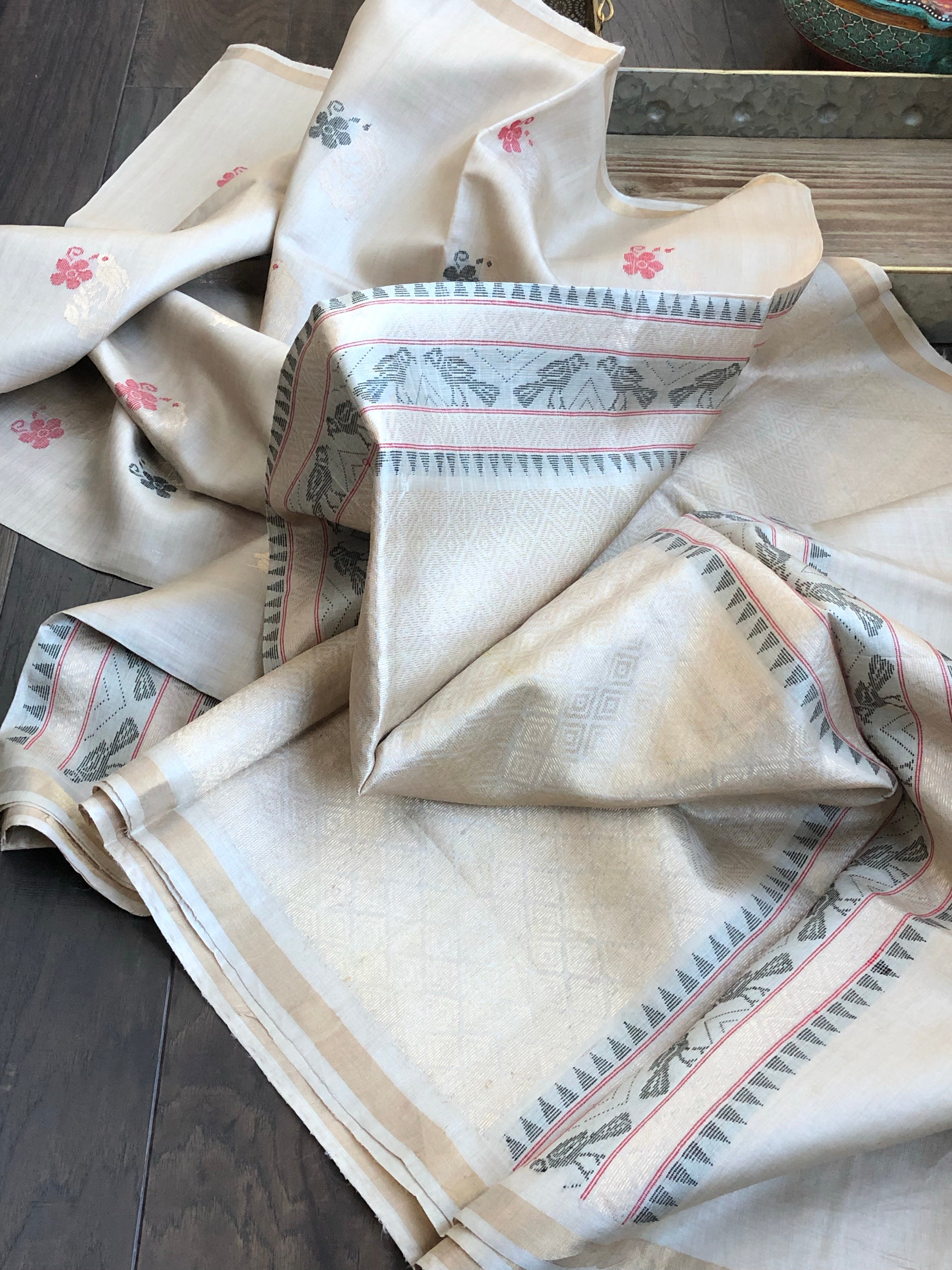 Pure Tussar Silk - Beige Red Resham Zari Woven