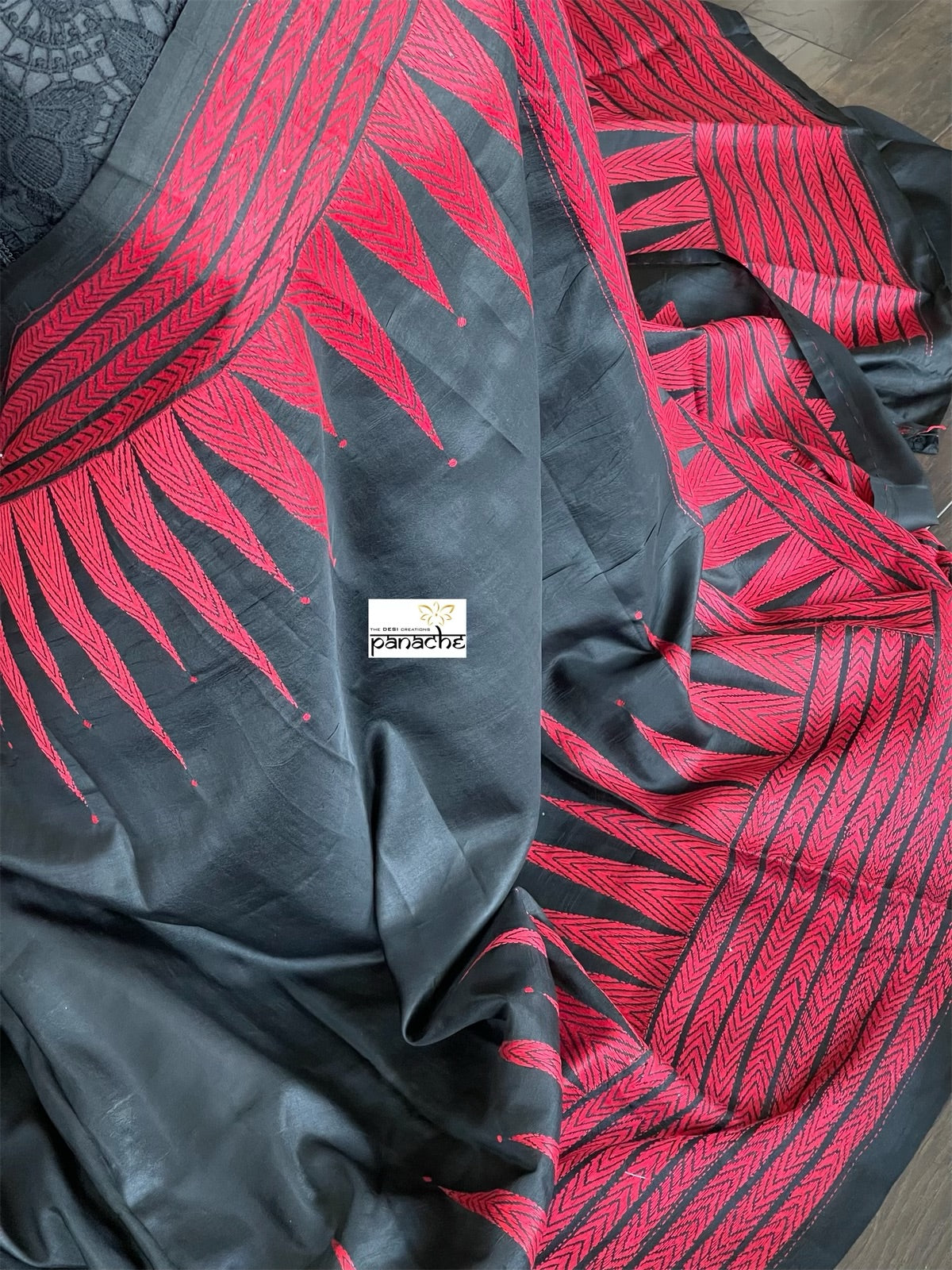Pure Bangalore Silk Kantha Stitch -  Black Red Temple