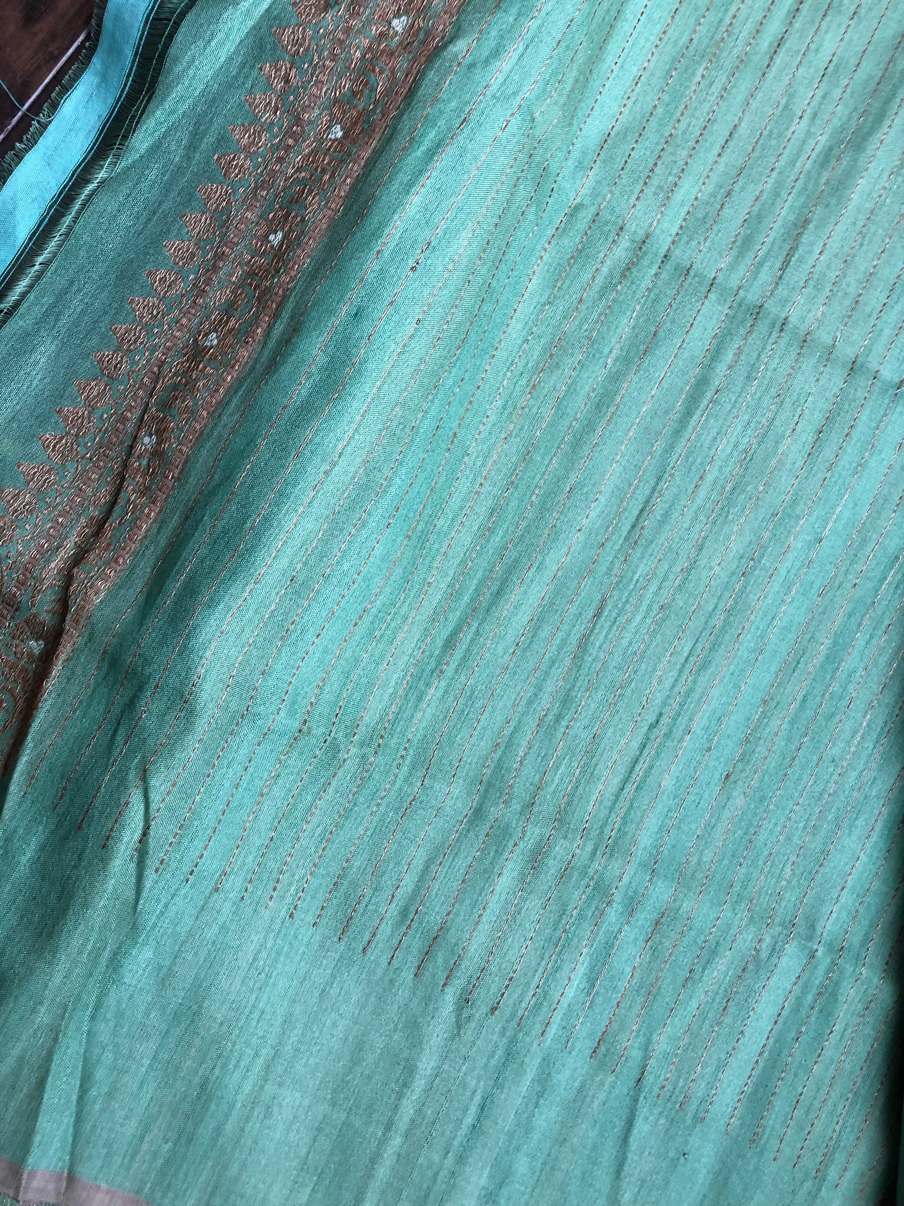 Pure Tassur Silk Banarasi - Light Teal Green Antique Zari