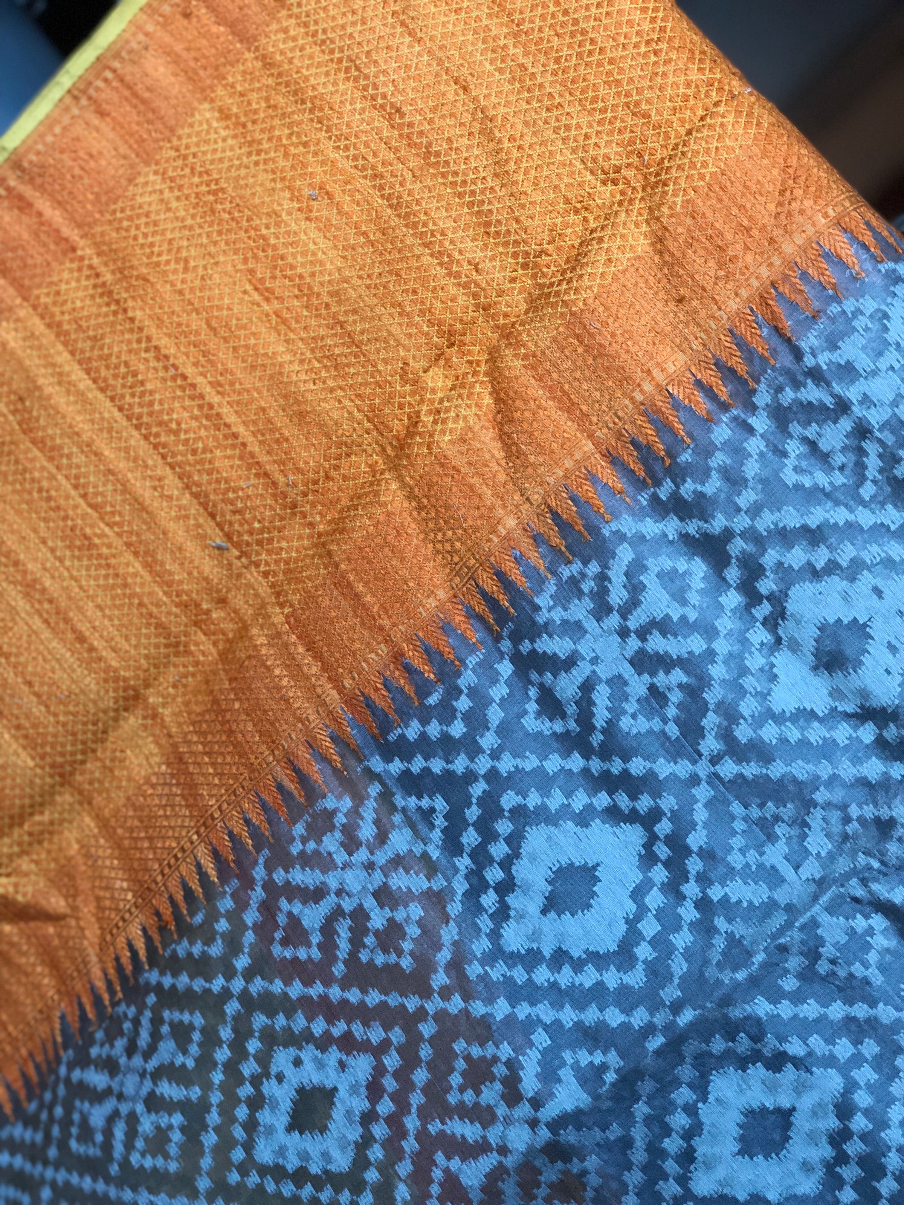Kora Tussar Jamdani Banarsi - Grey Orange Golden Zari