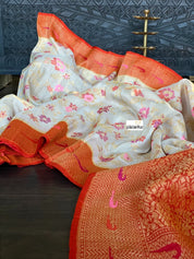 Khaddi Tussar Banarasi - Tilfi woven Beige Orange Multi Meenakari