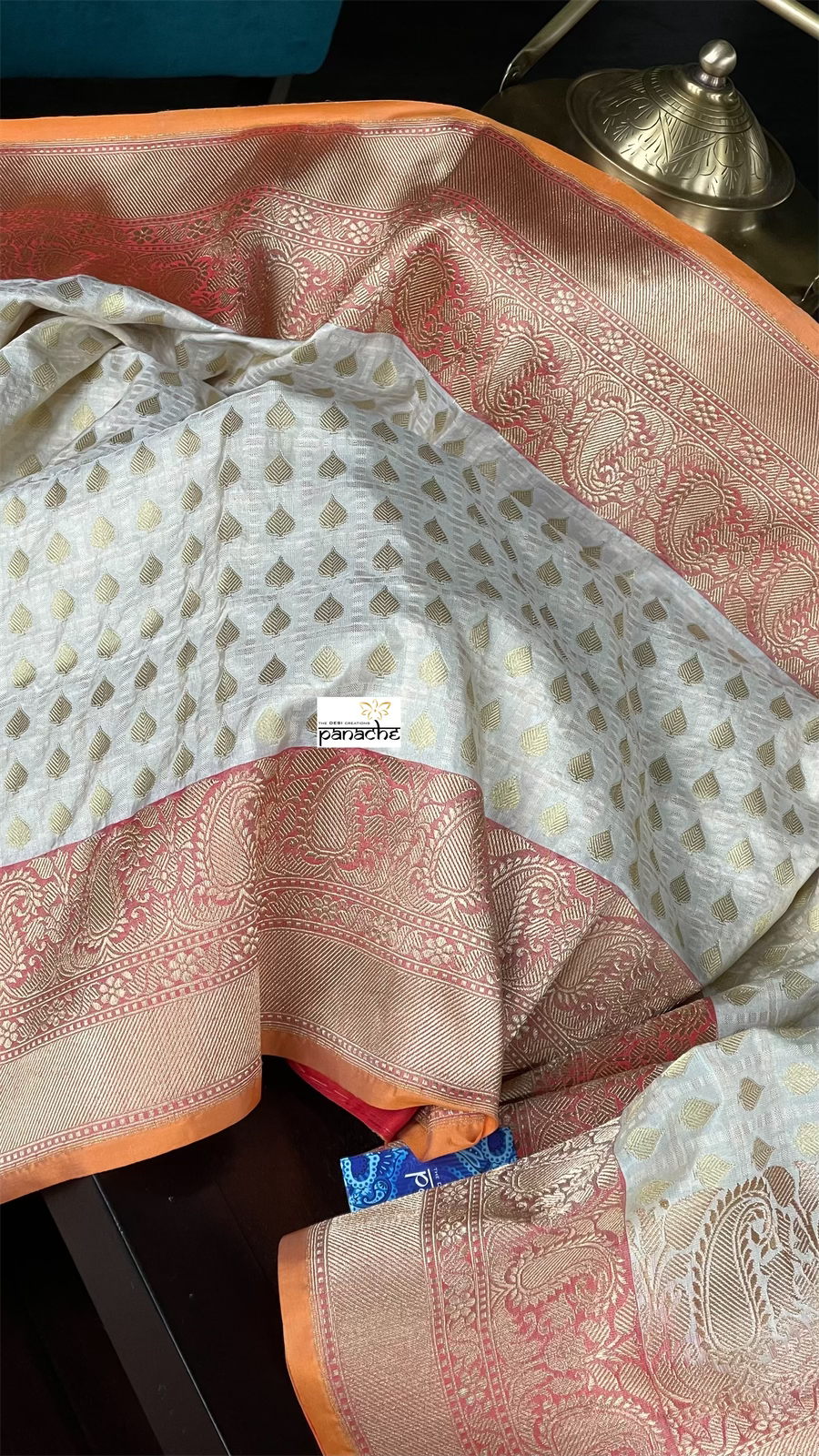 Pure Silk Katan Banarasi- Off-White Checkered